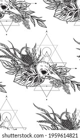 Vector beautiful seamless pattern. Endless background with hand drawn bird skulls, flowers, herbs.