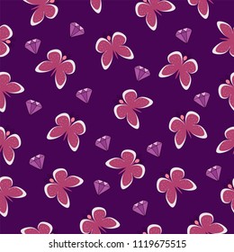 vector beautiful seamless pattern purple with pink insect butterflies with wings and diamonds for printing clothes and textiles