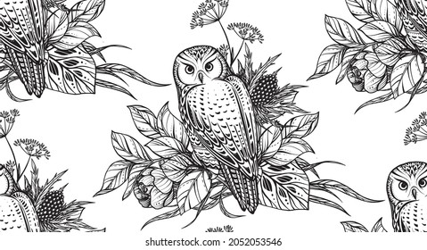 Vector beautiful seamless pattern. Romantic elegant endless background with hand drawn totem owls, flowers, herbs.