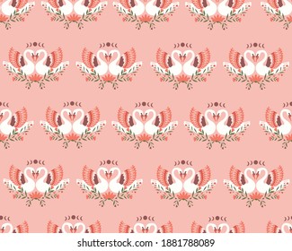 Vector Beautiful Seamless Pattern with two white Swans couple in love and flowers. Happy Valentine's Day. Love Wedding Items. Use for Baby Background, Textile Prints, Covers, Wallpaper, Posters.