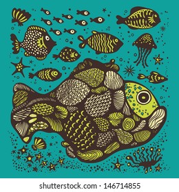 Vector beautiful set with colorful stylized funny fishes