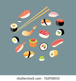 Vector beautiful set of different sushi on a blue background