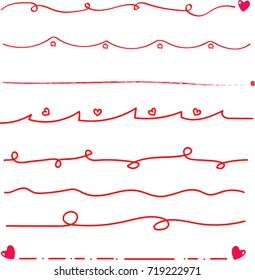 Vector - Beautiful set of red line with mini hearts. Hand writing doodle. Simple style. Easy to use for decorate web or card.