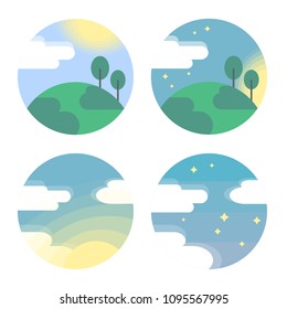 Vector beautiful Set with weather Illustrations. Morning, midday, evening, night.