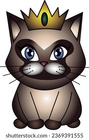 Vector de un hermoso gato siamés, lindo gatito kawaii con una corona en la cabeza