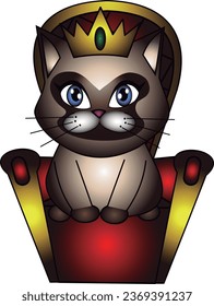 Vector of a beautiful Siamese cat, sitting on a throne, red and gold, cute kawaii kitten with a crown on her head