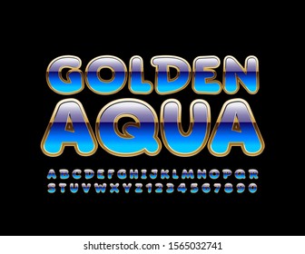 Vector beautiful sign Golden Aqua. Luxury Blue Font. Shiny Alphabet Letters and Numbers