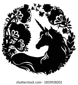 Vector beautiful silhouette of unicorn with trees in circle composition. Black contour illustration isolated on white.  Template unicorn illustration for stickers, design, tattoo, print. 