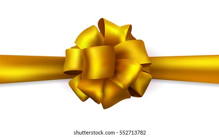 Vector beautiful silk golden bow with transparent shadow isolated on white background