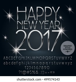 Vector beautiful silver Happy New Year 2017 greeting card with set of letters, symbols and numbers. File contains graphic styles