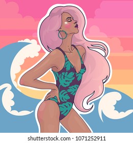 vector beautiful slender girl in a bright bathing suit on the beach, against a background of a pink sunset and sea waves