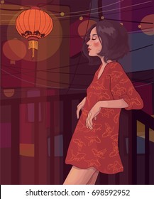 Vector beautiful slender girl with a hairstyle quads on the balcony at night, against the background of signboards and in the light of Chinese lanterns