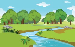 Vector Of Beautiful Small Stream With Fast Stream Among Green Meadows.