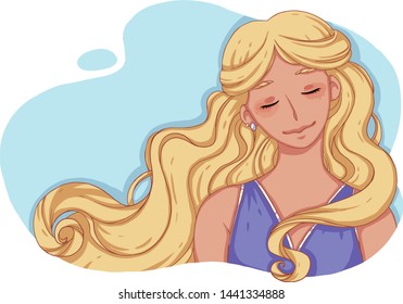 vector beautiful smiling girl, fashion illustration. Blue background for lettering