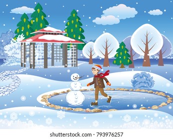 Vector beautiful snowy garden with a gazebo, a snowman and a boy, ice skating on the frozen lake