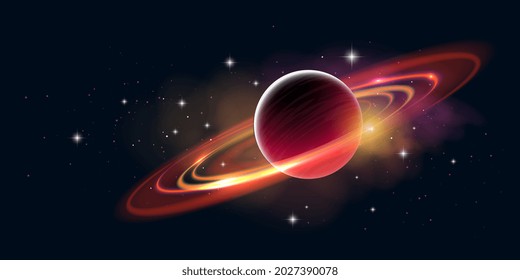 Vector beautiful space horizontal illustration of red and yellow planet with ring, nebula and star light on dark color sky background