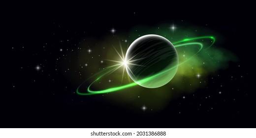 Vector Beautiful Space Horizontal Illustration of Green Planet with Ring, Nebula and Star Light on Dark Color Sky Background