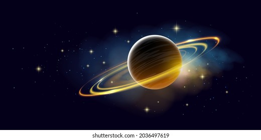 Vector Beautiful Space Horizontal Illustration of Yellow Planet with Ring, Blue Nebula and Star Light on Dark Color Sky Background