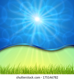 Vector beautiful spring background with curve sun, grass, bokeh