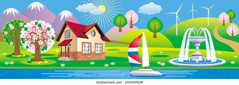 Vector beautiful spring landscape with fountain, country house and yacht sailing on the sea