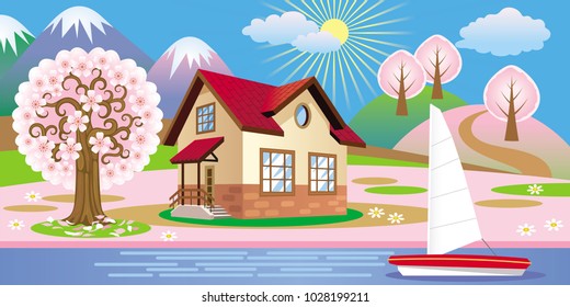 Vector beautiful spring landscape with house, flowering trees and a sailboat on the sea
