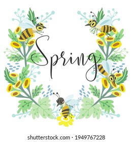 Vector beautiful spring and summer background with floral wreath and honey bees. Vector wreath in a cute doodle style.