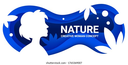 Vector beautiful spring time illustration with woman silhouette and paper cut leaf and wave on blue color background. Flat style design with header for web site, greeting card, invitation, banner