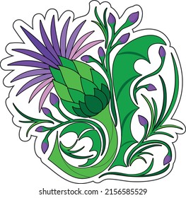 Vector beautiful sticker in Celtic style, with flowers thistle, with green branches and purple flowers.