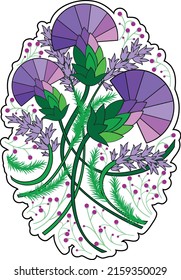 Vector beautiful sticker in Celtic style, with flowers thistle and heather, with green branches and purple flowers.