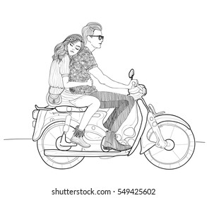 vector Beautiful stylish couple in love riding a motorbike, moped