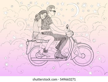 vector Beautiful stylish couple in love riding a motorbike, moped 
through the clouds and stars in the night  vanilla  sky 