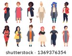 Vector Beautiful and stylish plus size, curvy fat women in fashionable casual clothes set isolated.