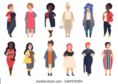 Vector Beautiful and stylish plus size, curvy fat women in fashionable casual clothes set isolated.