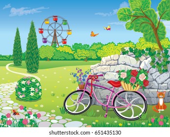 Vector beautiful summer garden with decorative Bicycle with basket of flowers leaning against a stone wall