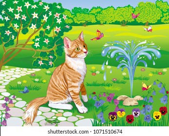 Vector beautiful summer garden landscape with red kitten near a small fountain