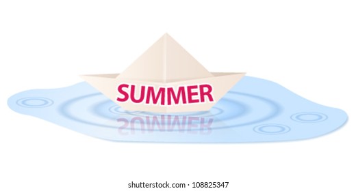 Vector beautiful summer illustration with a paper boat floating on water