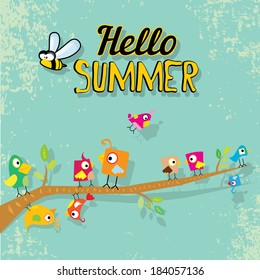 vector beautiful summer illustrations with birds singing on tree with green foliage . vector hello summer illustration. summer kids background