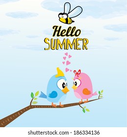 vector beautiful summer illustrations with birds singing on tree with green foliage . vector hello summer illustration. summer kids background