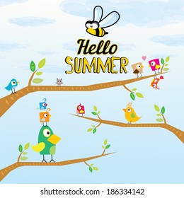 vector beautiful summer illustrations with birds singing on tree with green foliage . vector hello summer illustration. summer kids background