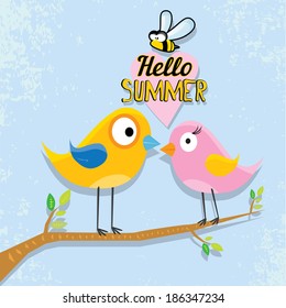 vector beautiful summer illustrations with birds singing on tree with green foliage . vector hello summer illustration. summer kids background