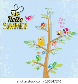 vector beautiful summer illustrations with birds singing on tree with green foliage . vector hello summer illustration. summer kids background