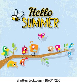 vector beautiful summer illustrations with birds singing on tree with green foliage . vector hello summer illustration. summer kids background