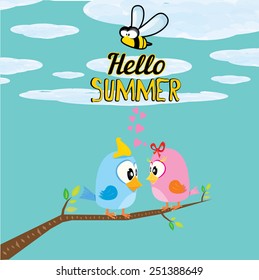 vector beautiful summer illustrations with birds singing on tree with green foliage . vector hello summer illustration. summer kids background