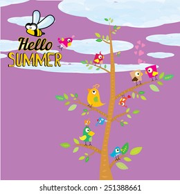 vector beautiful summer illustrations with birds singing on tree with green foliage . vector hello summer illustration. summer kids background