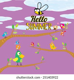 vector beautiful summer illustrations with birds singing on tree with green foliage . vector hello summer illustration. summer kids background