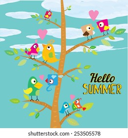 vector beautiful summer illustrations with birds singing on tree with green foliage . vector hello summer illustration. summer kids background