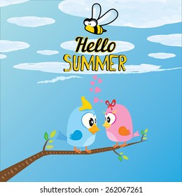 vector beautiful summer illustrations with birds singing on tree with green foliage . vector hello summer illustration. summer kids background