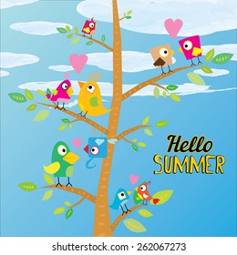 vector beautiful summer illustrations with birds singing on tree with green foliage . vector hello summer illustration. summer kids background