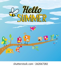 vector beautiful summer illustrations with birds singing on tree with green foliage . vector hello summer illustration. summer kids background