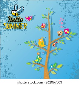 vector beautiful summer illustrations with birds singing on tree with green foliage . vector hello summer illustration. summer kids background